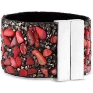 Diamond Style London Red Coral Crystal Cuff Bracelet - Statement Wide Bangle with Magnetic Clasp | Wowcher