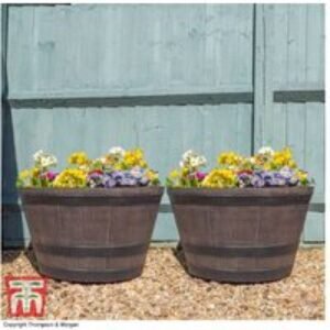 Large Oak-Style Wooden Barrel Effect Planter - 63cm Diameter | Wowcher