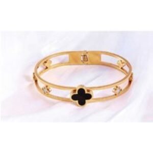 Gold Tone Adjustable Clover Charm Bangles Set - Titanium Steel
