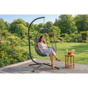 Elegant Egg‑Shaped Hanging Chair With Plush Cushion & Headrest - Black | Wowcher