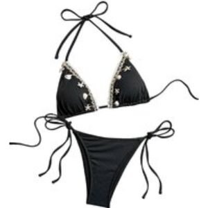 Black Women's 2-Piece Halter Triangle Bikini with Seashell Accents - 3 Sizes & 7 Colours | Wowcher