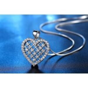 Rhodium-Plated Heart Pendant Necklace with Fine-Cut Crystals - Adjustable