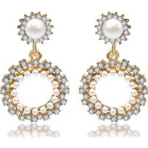 Gold-Tone Faux Pearl & Crystal Drop Earrings - Statement Dangle