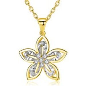 Gold-Plated Flower Pendant Necklace with Cubic Zirconia Crystals - Adjustable Chain