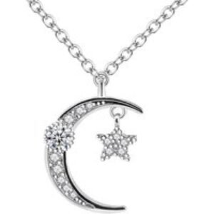Silver Moon & Star Pendant Necklace - Rhodium Plated