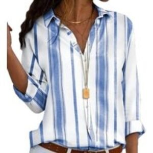 Unisex Blue Loose V-Neck Striped Shirt - Perfect Summer Staple | Wowcher