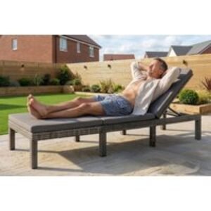 Grey Rattan Adjustable Reclining Sun Lounger With Cushions