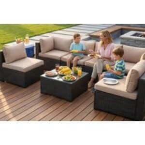 Outdoor 6-Seater Modular Rattan Corner Sofa Set with Coffee Table | Wowcher