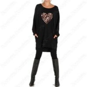 Unisex Black Oversized Leopard Print Heart Motif Top | Wowcher