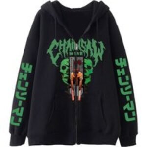 Unisex Black Anime Chainsaw Man  Lightweight Zip Up Hoodie - Unisex Cosy Outerwear