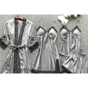 Black Women's Lightweight Lace Summer 4-Piece Pyjama & Loungewear Set - Breathable