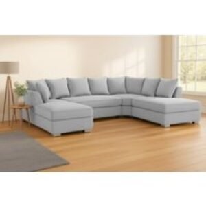 Large Grey Fabric U Shaped Corner Sofa - 6 Seater