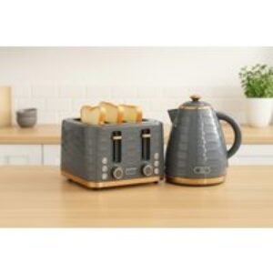 Sleek Grey Rapid Boil Kettle & 4-Slice Toaster Set - Modern Pebbled Kitchen Appliances