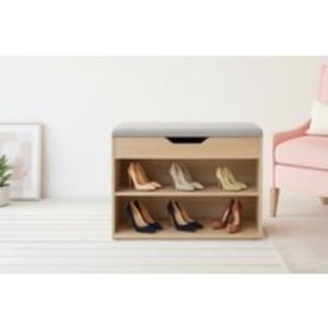 Wooden Shoe Storage Rack with Double Shelf & Ottoman Seat - Compact Hallway Organiser | Wowcher