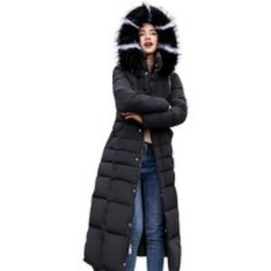 Black Women's Longline Hooded Padded Maxi Puffer Parka Jacket - Cotton Blend