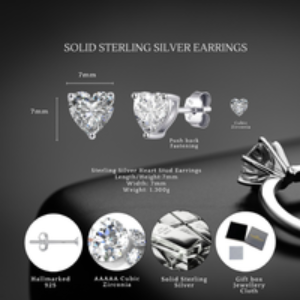 Sterling Silver Heart Stud Earrings S925 - Hypoallergenic Cubic Zirconia Studs | Wowcher