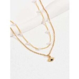 Gold Plated Blue Evil Eye & Pearl Pendant Necklace Set - Adjustable Layered Chains