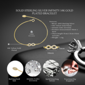Sterling Silver Infinity Bracelet with 14K Gold Plating & Cubic Zirconia - Adjustable Fine Jewellery Gift | Wowcher