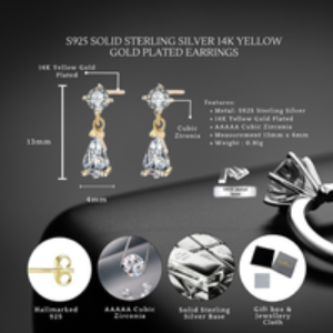 Sterling Silver Teardrop Drop Earrings - 14K Gold Plated