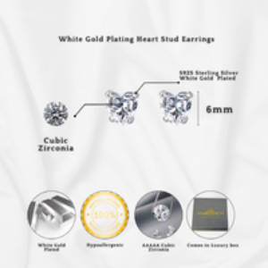 Sterling Silver Heart Stud Earrings - S925 Hypoallergenic 6mm Cubic Zirconia Studs