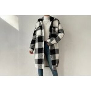 Black Plaid Teddy Fleece Longline Shacket Coat - Women's Winter Thermal Jacket