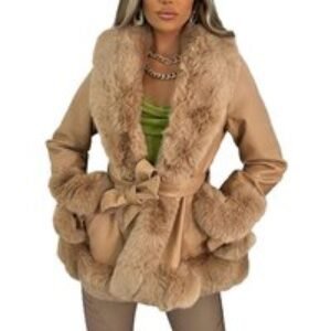 Black Women's Faux Leather Thermal-Lined Parka Jacket with Faux Fur Collar - Slim Fit