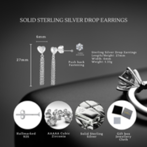 S925 Sterling Silver Heart Tassel Dangle Earrings - Hypoallergenic