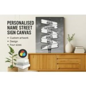 Personalised Name Street Sign Canvas Wall Art - Monochrome Polyester