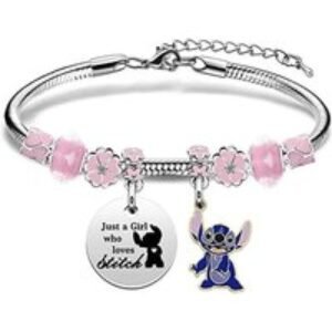 Adjustable Stainless Steel 'Just A Girl Who Loves Stitch' Charm Bracelet - Pink or Blue | Wowcher