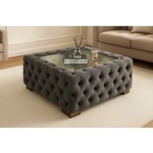 Grey Velvet Chesterfield Glass Top Coffee Table - Luxury Living Room Centrepiece
