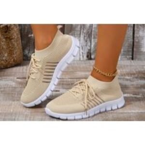 Beige Women's Lightweight Knitted Breathable Lace-Up Trainers - Casual Summer Mesh Shoes | Wowcher