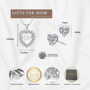 Silver-Tone Mum's Heart Pendant Necklace & Earrings Gift Set - Cubic Zirconia