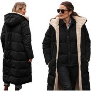 Black Women's Longline Teddy Fleece Reversible Quilted Parka Jacket - Thermal-Lined