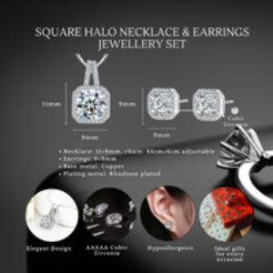 Silver-Tone Halo Crystal Necklace & Earrings Jewellery Gift Set for Her - Rhodium-Plated