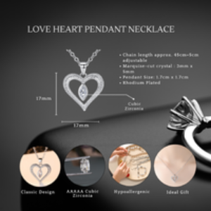 Rhodium-Plated Heart Pendant Necklace with Marquise Crystal & Adjustable Chain - Gift for Fiancée