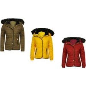 Khaki Quilted Fur Collar Hooded Parka Jacket - Women's Longline Thermal Coat