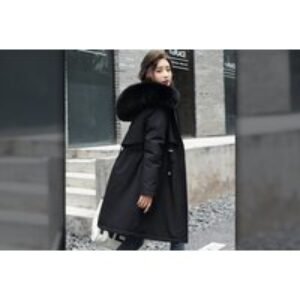 Black Women's Faux Fur Lined Parka Jacket - Adjustable Waist