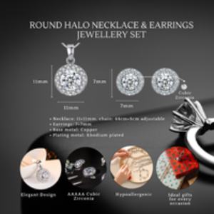 Silver-Tone Crystal Jewellery Set - Round Halo Pendant & Earrings