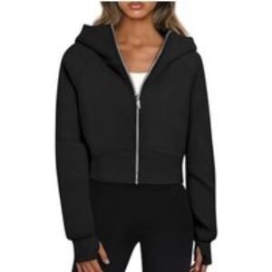 Black Women's Fleece Lined Thermal Hoodie Jacket - Cropped