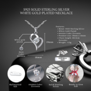 S925 Sterling Silver Heart Pendant Necklace - Hypoallergenic