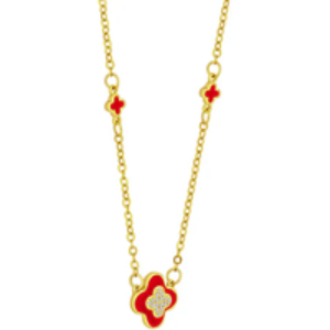 Gold Plated Red Enamel Clover Pendant Necklace with Crystal Accents - Adjustable Statement Jewellery | Wowcher