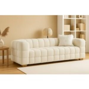 Cream Teddy Fleece Boucle 3-Seater Sofa - Modern Plush Fabric Loveseat with Scatter Pillows | Wowcher