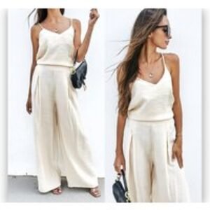 Beige Women's Strappy Top & Wide Pants Co-ord Set - Breathable Summer Fashion | Wowcher