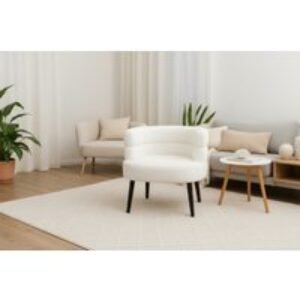 White Boucle Sherpa Fabric Armchair - Modern Compact Accent Sofa Chair with Solid Wood Legs | Wowcher