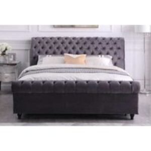 Grey Velvet Upholstered Double Bed Frame - High Headboard