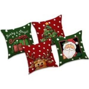 Set of 4 Modern Linen Christmas Cushion Covers - 45x45cm Festive Decorative Throw Pillow Cases for Sofa & Bed | Wowcher