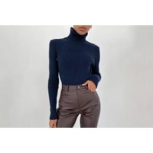 Grey Women's Soft Rib-Knit Turtle Neck Top - Stretch Slim Fit