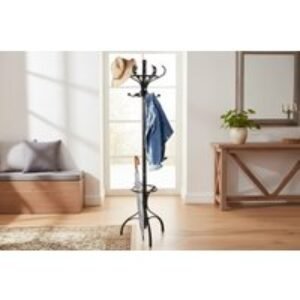 Solid Birch & Poplar Scandi Coat Stand - 12-Hook Bedroom Clothes & Hat Rack with Umbrella Holder