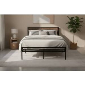 King Size Metal Bed Frame with Rustic Wood Headboard & 31cm Storage - Heavy Duty
