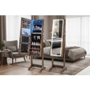 Rustic Brown Standing Jewelry Cabinet with LED Full-Length Mirror
